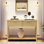 Zstar Table Console d'entrée Style bohème en rotin – 2 tiroirs, étagère de Rangement – Bois Naturel pour Salon, Couloir, derrière canapé – Mobilier Maison – Couleur : Marron