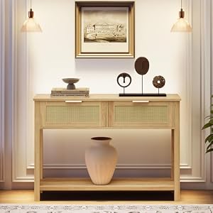 Zstar Table Console d'entrée Style bohème en rotin – 2 tiroirs, étagère de Rangement – Bois Naturel pour Salon, Couloir, derrière canapé – Mobilier Maison – Couleur : Marron