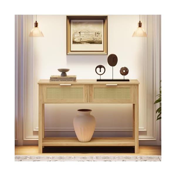Zstar Table Console d'entrée Style bohème en rotin – 2 tiroirs, étagère de Rangement – Bois Naturel pour Salon, Couloir, derrière canapé – Mobilier Maison – Couleur : Marron