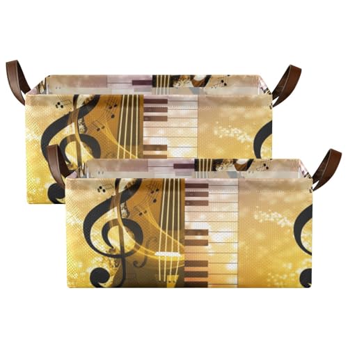 Fygkptb Abstract Concert Music Night Piano Guitar Retro Style 2 PC Rectangle Foldable Frame Basket Leather Handles Storage Bin for Laundry Bathroom Organizer 16.9 x 11.4 x 7.7 inch