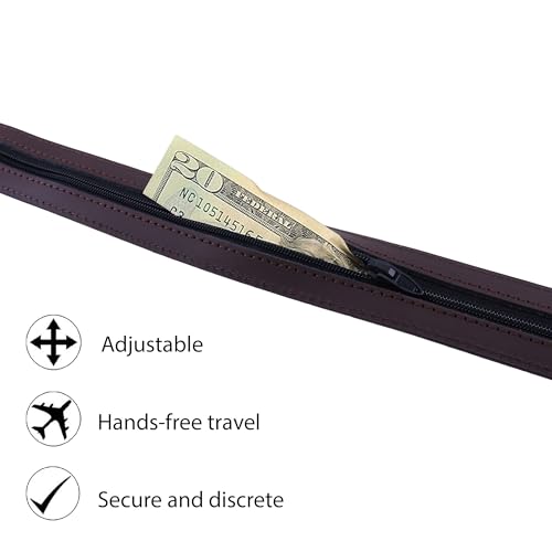 Mens Deerfield Leather Money Belt Travel Zipper Pocket (32, Brown)