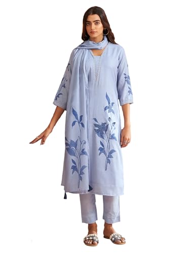 INDO ERA Women's Blue Linen Printed Straight Kurta & Pant with Dupatta Set