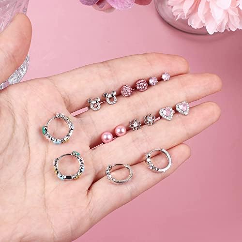 Diamday 8 Pairs Hypoallergenic Earrings for Girs Women 316L Stainless Steel CZ Heart Hoop Screw Back Earrings Cute Butterfly Flower Screwback Stud Earring Set Mix Color