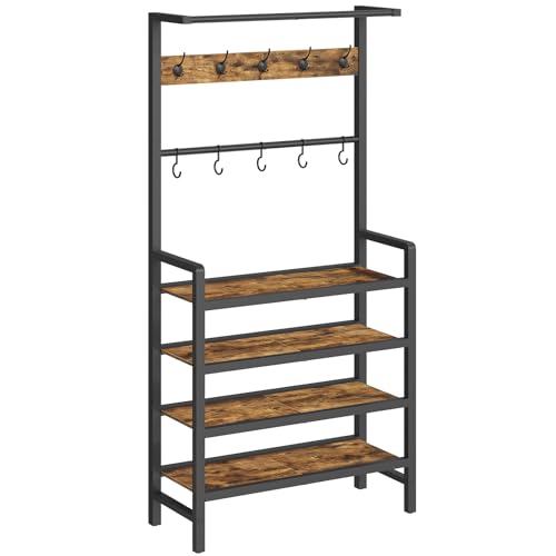 YATINEY Hall Tree, Coat and Shoe Rack, Entryway Coat Rack with 4-Tier Wooden Shoe Rack and 10 Hooks, Freestanding Hall Tree with Shoe Storage for Entryway, Hallway, Rustic Brown and Black MT09BR by YATINEY - Used condition - US$40.55