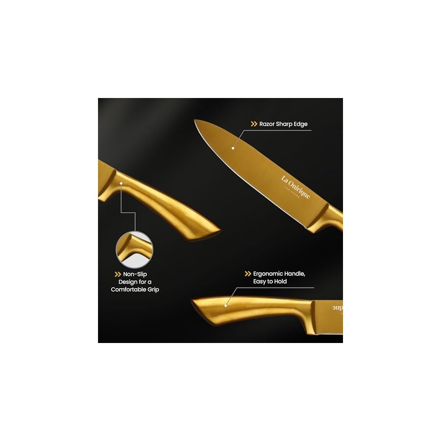 Luxury-Gold-Knife-Set-With-Block-Rod-Sharpener-8-Pieces-Black-and-Gold-Titanium-Coated-Stainless-Steel-Gold-Kitchen-Knife-Set-with-Block-Super-Sharp-Cutlery-Gold-Knives-Set Luxury Gold Knife Set With Block Rod-Sharpener | 8 Pieces Black and Gold Titanium-Coated Stainless Steel Gold Kitchen Knife Set with Block, Super Sharp Cutlery| Gold Knives Set (silver with gold)