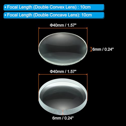 PATIKIL 10cm Schwerpunkt Länge 40mm Doppel Konvex und 10cm Schwerpunkt Länge 40mm Doppel Konkavlinse 1 Set 2 Pack Glas Optisch Polierte Runde Kanten Linse für Physik Klar