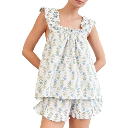 Women Floral Print Pajama Sets 2 Piece Lounge Set Ruffle Trim Sleeveless Top and Shorts Pjs Sleepwear