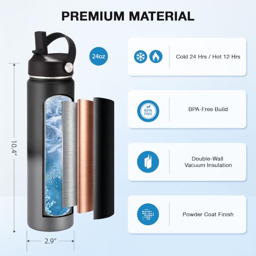 Image of Insulated Water Bottle 24 oz with Straw, Stainless Steel Wide Mouth Water Bottle, Double Wall Vacuum Leak Proof with Straw Lid & Spout Lid for Sports or Office, Keep Cold or Hot Up to 24 Hrs