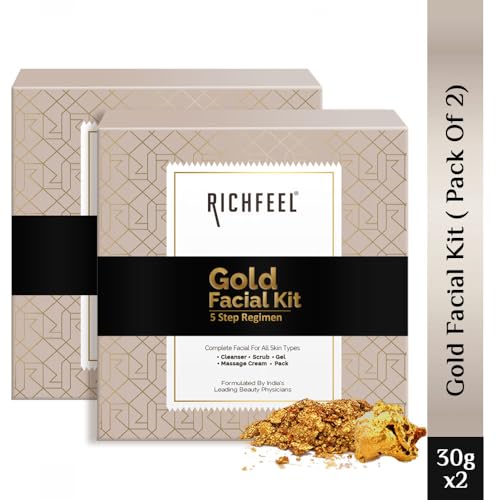 Image of Richfeel Gold Facial Kit | Bright & Glowing Skin | Parlour Like Instant Glow With The Goodness Of Gold Foils| 30 g Pack of 2 Kit 5X6G Pack of 2