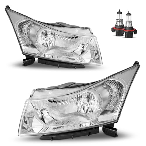 KarSpareHub Headlights Assembly with Bulbs for 2011-2015 Chevy Cruze Diesel/2015 Cruze L for 11-15 Cruze/16 Limited Headlamp Driver & Passenger Side Chrome Housing