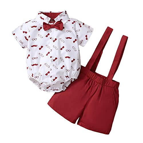 Vestiti per neonati Completi per gentiluomini Tute Pagliaccetto per neonato a maniche corte + Pantaloni per bretelle + Papillon Set di abbigliamento per l'autunno Rosso 100 12-18 mesi