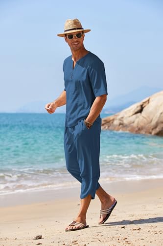 COOFANDY Men's 2 Pieces Linen Set Henley Shirt Short Sleeve and Harem Capri Pants Wide Leg Baggy Beach Yoga Trousers Outfits2