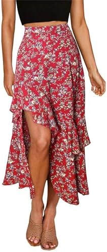 BTFBM Women 2025 Summer Fall Boho Long Skirts Dress Floral Print Elastic Waist Split Ruffle High Low Beach Maxi Skirt