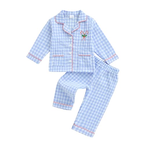 Carolilly Ensemble Noël Enfant Bébé Garçon Fille en Carreaux, Chemise à Manches Longues et Pantalon avec Motifs de Noël (Bleu, 3-4 Years)