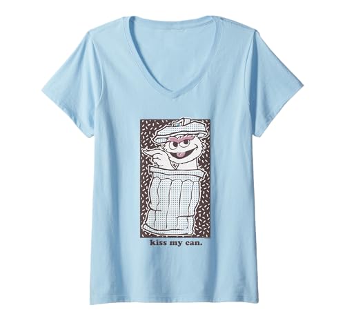 T-shirt Sesame Street femme col V Oscar the Grouch Kiss My Can en coton gris