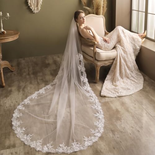 Velo de novia blanco de 230 cm con peineta y cola de encaje largo 4