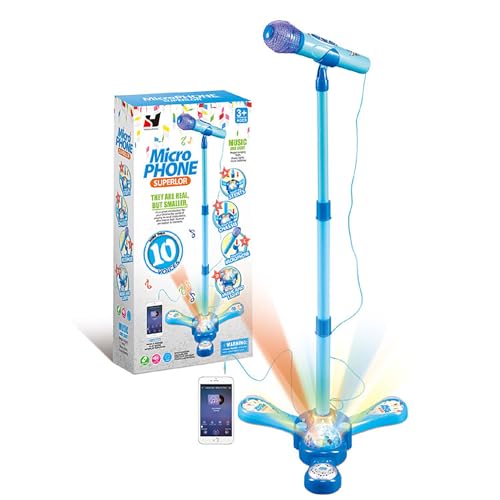 Kids Karaoke Machine with Stand,Kids Microphone Flashing Stage Lights Adjustable Stand Gift for Age 3+ Years Old Children (Blue) (Blue)