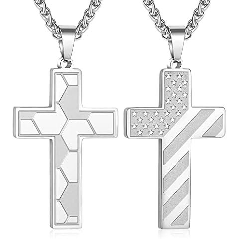 DORANA Cross Necklace for Men,Men's Cross Necklaces Stainless Steel Cross Pendant,20+2 Inches Cross Chain for Mens Christian Gifts for Teenage Soccer Fans American Flag Soccer Silver Cover