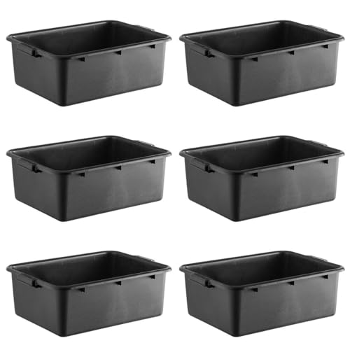 6-Pack 20\" x 15\" x 7\" Commercial Bus Tub/Bus Box - 9 Gallons Without Lid - Heavy-Duty Polypropylene Dish Box for Restaurants, Kitchens, and Foodservice - Stackable and Freezer-Safe - Black