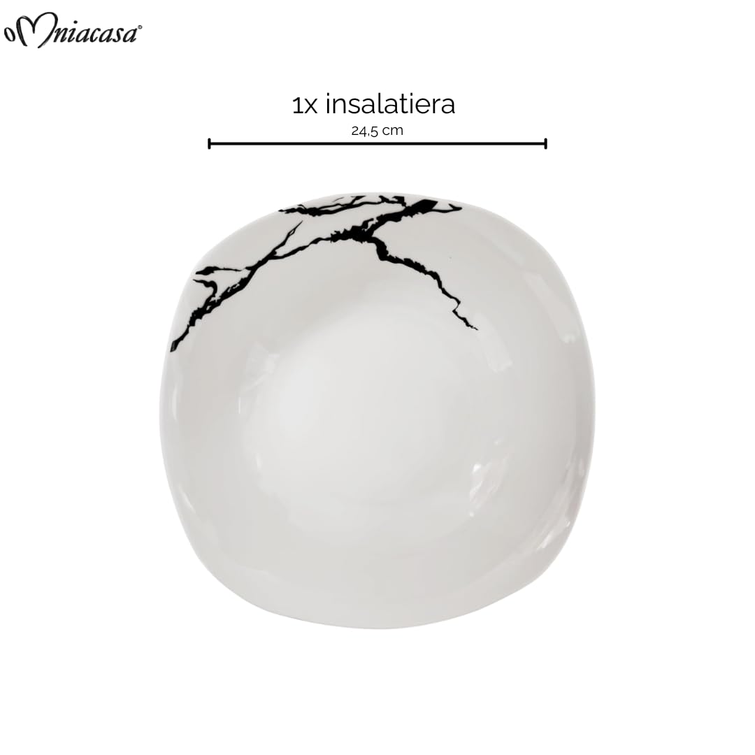 Servizio Piatti 25 Pezzi Per 6 Persone Con Bicchieri e Insalatiera | Resistente Porcellana Bianca e Nera Design Moderno Marmorizzato Elegante Raffinato | Uso Quotidiano, Per Lavastoviglie e Microonde