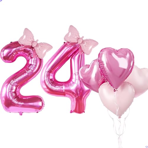 40 Inch Big Pink 24 Birthday Balloon for Women, Foil Mylar Helium Pink 24 Balloon Number for Girls 24th Birthday Decorations, Party Decorations Celebrations Party Supplies, Favors, Backdrops