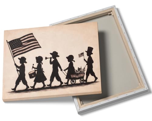 Patriotic Children Parade Silhouette Wall Art,Vintage American Flag Painting,Retro Fourth