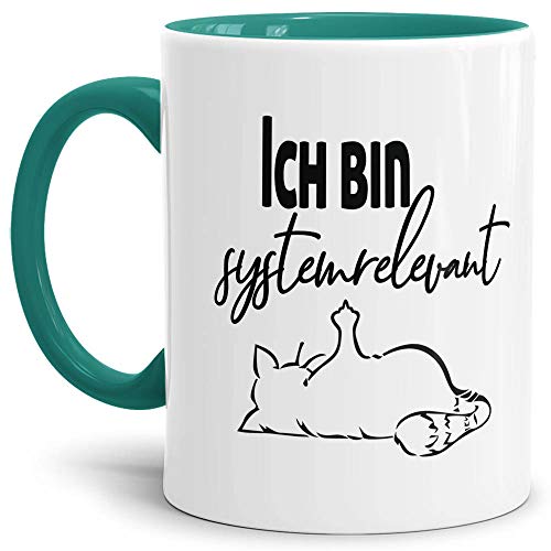 Tasse mit Spruch - Systemrelevant - Katze - Kaffee-Tasse/Arbeit/Job/Lustig/Erinnerung Krise Virus 2020 - Innen & Henkel Türkis