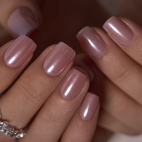 Image of CurLife Press On Nails Short Square, Pink Pearl Clean Girl Fake Nails, Mirror Powder Stick On Nails, Reusable Acryic Nails for Women Daily Wear, 16 Sizes - 32 Nail Kit with Glue & Adhesive Tabs