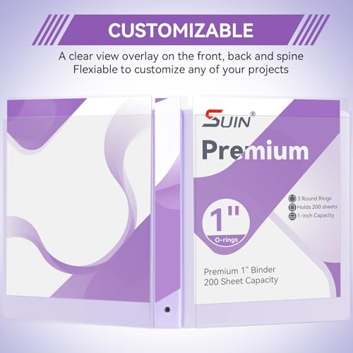 Image of SUIN 1 Inch 3 Ring Binder, Clear 1'' View Presentation Binders with 2 Pockets, Fits 8.5 x 11 Letter Size, Durable Polypropylene, Non-Stick & PVC-Free for School, Office & Home (Pastel Purple)