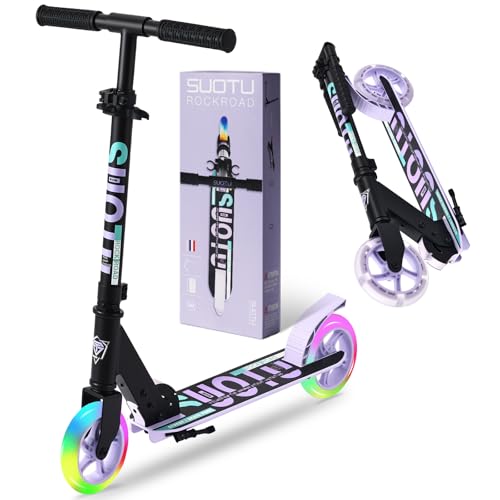 SUOTU Patinete Niño con Grandes Ruedas Iluminadas de 14,5 cm, Scooter para Niños de 3 a 12 Años, Plegable, Volante Ajustable Altura, Aluminio (Negro- Púrpura)