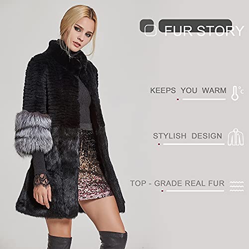 Fur Story Women's Genuine Rabbit Fur Coat With Fox Fur Cuffs Warm Winter Coat Black Long Jacket #TOP1