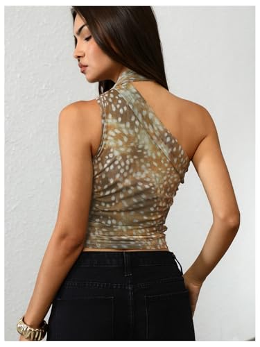 Image of RoseSeek Women's Y2K Leopard Polka Dots Halter Asymmetrical Neck Crop Tops