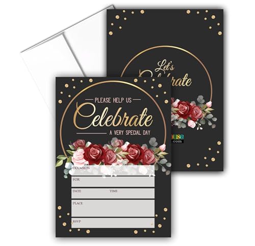 Stonehouse Collection - Formal Party Invitations - Red Rose Wedding Invitations, Let's Celebrate Design, for Weddings, Showers, Birthdays (Red Rose Design)