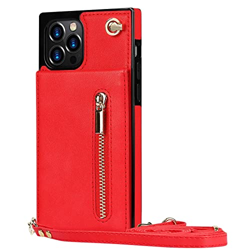 GLLDS Coque pour Iphone 14/14 Pro/14 Pro Max/14 Plus, Anti-Empreintes Anti-Chute Antichoc Coque avec Sangle Réglable Fentes pour Cartes Stand Wallet Housse Etui Cover,Rouge,14 6.1"