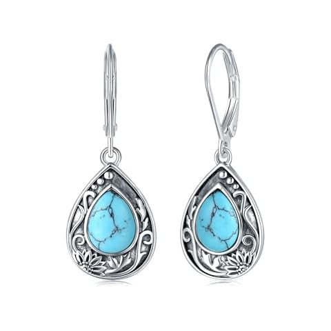 Turquoise Jewelry for Women - Sterling Silver Sunflower Gifts for Mother Turquoise Earrings for Women Hypoallergenic Teardrop Sunflower Leverback Dangle Drop Earrings You are my Sunshine Vintage Boho Jewelry Gifts Cover
