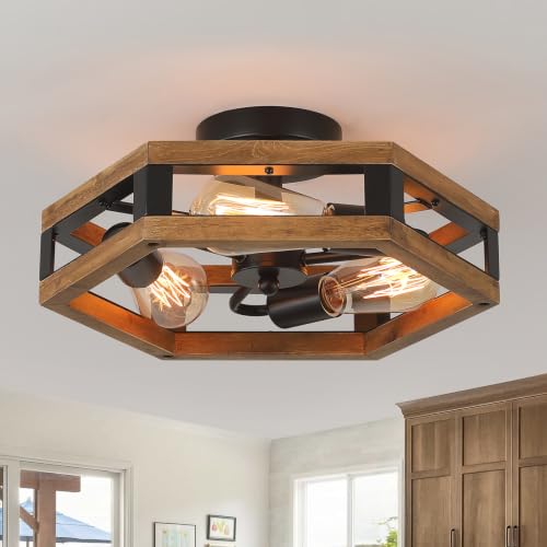 3-Light Rustic Farmhouse Wood Flush Mount Ceiling Light Fixture 14.5 inch Oak Wood and Metal Hexagon Cage Semi Flush Mount Ceiling Light for Hallway Hall Entry Bedroom Kitchen Farmhouse, Black by Wylitora - Used condition - US$47.29