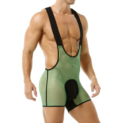 YOOBNG Mens Mesh Bodysuit See Through Wrestling Singlet Fishenet Boxer Leotrad for Clubwear