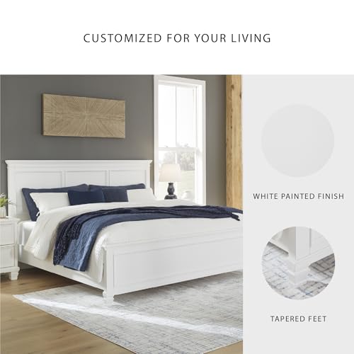 Image of Signature Design by Ashley Fortman Transitional King Panel Bed with Tapered Feet, Foundation or Box Spring Needed, White