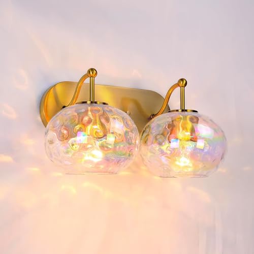 Image of Brushed Gold Vanity Light Stained Hammered Glass Wall Sconce 2-Light Brass Wall Lamp for Hallway Living Room Stairwell Bathroom Over Mirror (Brass Gold, 2-Light)