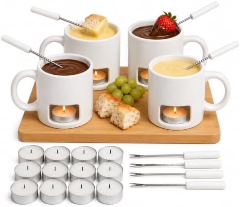 Evelots 4-Pack Ceramic Fondue Cheese Mugs, 8 Forks & 16 Candles, White