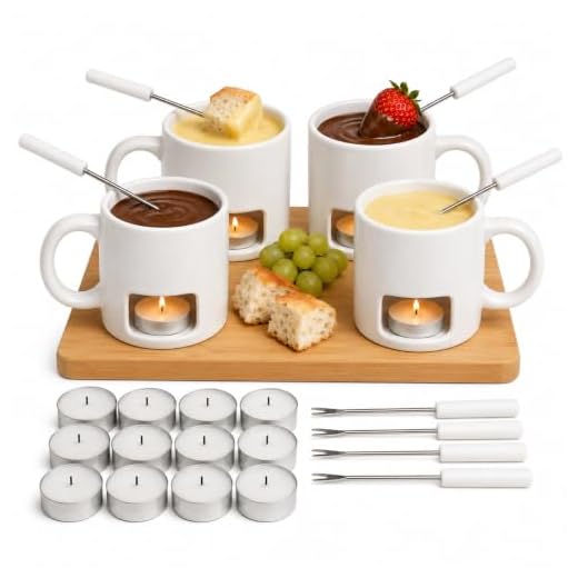 Evelots 4-Pack Ceramic Fondue Cheese Mugs, 8 Forks & 16 Candles, White