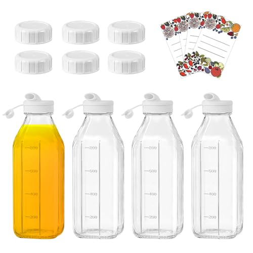 Juego de 4 botellas de cristal de 1 litro, botellas de cristal con tapa, botella de agua de cristal, botella con boquilla de silicona, botellas de zumo de cristal con herméticas para rellenar smoothie