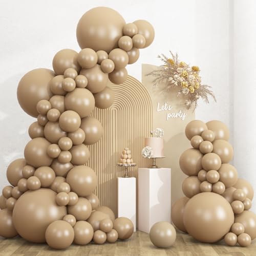 Image of RUBFAC 135pcs Vanilla Brown Balloons, Latex Light Brown Balloon Different Sizes 18 12 10 5 Inch for Garland Arch Wedding Baby Shower Birthday Party Decorations