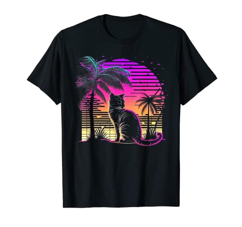 Cat Vaporwave Retrowave Aesthetic Synthwave 80s Palm Tree T-Shirt for Men Women Kids