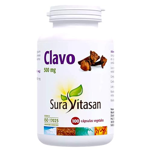 Sura Vitasan Clavo 500mg 100 Cápsulas Vegetales   Extracto Puro de Flor de Clavo (Syzygium aromaticum)   Potente Antimicrobiano y Antiparasitario Natural   Salud Digestiva y Bienestar Bucal
