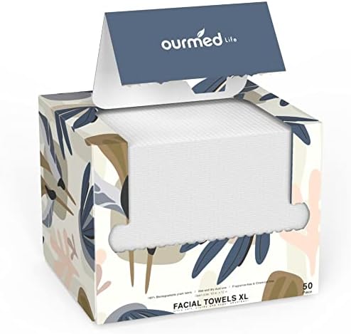 Ourmed Life Disposable Face Towel Facial Tissue | Lint-Free Biodegradable Clean Towels | Dry Makeup Remover Wipes | Super Soft & Thick for Sensitive Skin | 10-Inch X 12-Inch Large Size | 50 Count