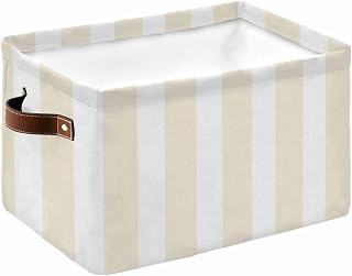 Cream Striped Storage Basket for Shelves, Farmhouse Beige Modern Stripes Storage Cube Fabric Storage Bins, Closet Organizers with Handles for Book, Toys, Cloth, 15"x11"x9.5", 1 Pack
