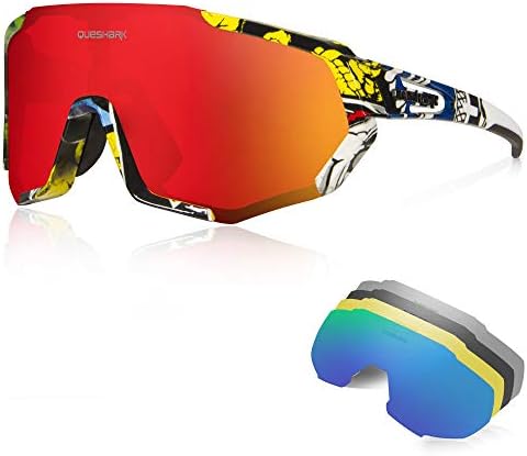 Queshark Cycling Glasses, TR90 Unbreakable Frame Polarized Sports Sunglasses, Bike Glasses for Men Women with 5 Interchangeable Lens, Anti-UV400 for Driving Fishing Glof Baseball Running Hiking
