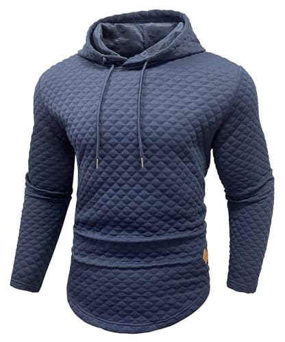 HYPESTFIT Mens Diamond Quilted Hoodies Casual Hooded Sweatshirts Long Sleeve Pullover Dark Blue
