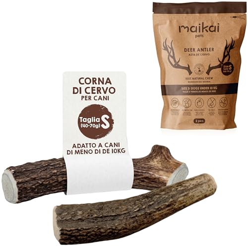 MAIKAI Confezione da 2 Corna di Cervo per Cani Grandi S - Masticativo Naturale Senza Punta – Osso Sicuro Antitartaro – Giocattolo Antistress Resistente – Snack Lungo Durata - Regali per Cani